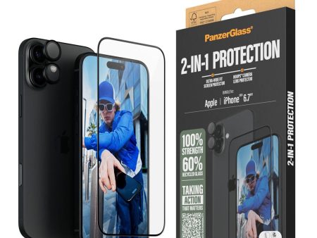 iPhone 16 Plus PanzerGlass 2-i-1 Bundle m. EasyAligner - Skærmbeskyttelse (UWF)   Kamerabeskyttelse - Gennemsigtig   Sort Supply