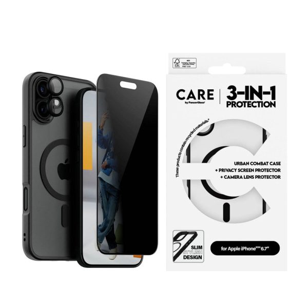 CARE By PanzerGlass iPhone 16 Plus 3-i-1 FLAGSHIP MagSafe Bundle - Cover   Privacy Skærmbeskyttelse (UWF)   Kamerabeskyttelse - Gennemsigtig   Sort For Sale