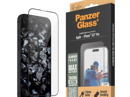 iPhone 16 Pro Max PanzerGlass Ultra Wide Fit Skærmbeskyttelse m. EasyAligner - Aluminum Frame - Diamond Strength - Gennemsigtig   Sort Kant Sale